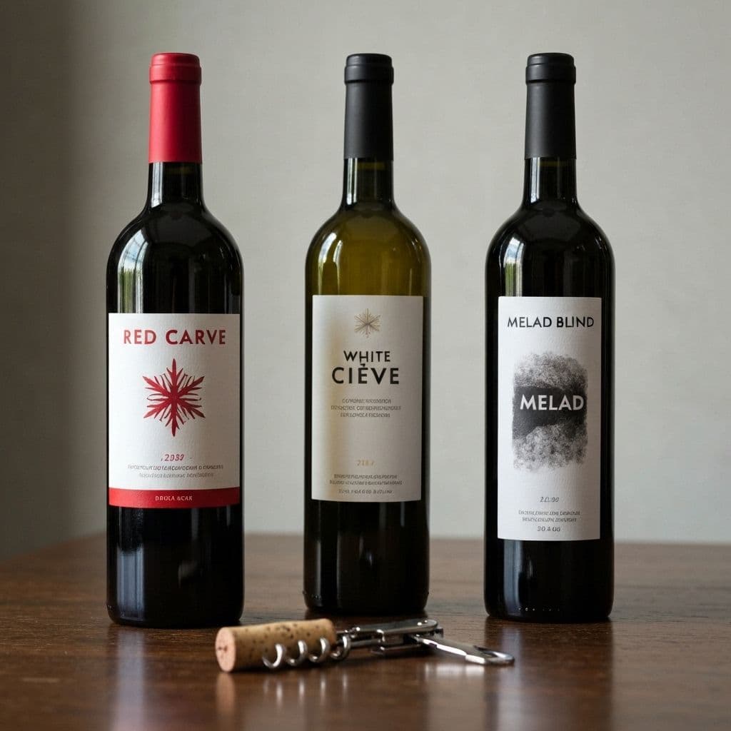 Three wine bottles with different labels and corkscrew